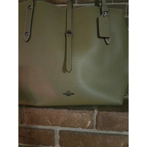 COACH Olive Green Pebbled Leather Market Tote Shoulder Bag - Picture 2 of 6